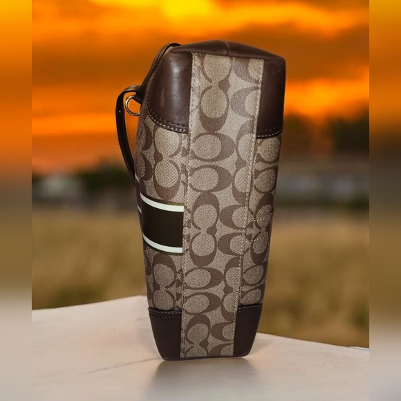 Coach Brown Signature Stripe Canvas Satchel with Gold Accents - Picture 7 of 7